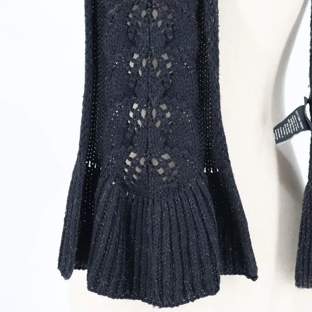 Badgley Mischka Women Black Silver Lurex Wool Blend Cable Knit Fishtail Scarf
